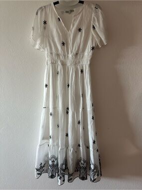 JGEE long dress, short sleeve, white, size PS, petite small, embroidered.